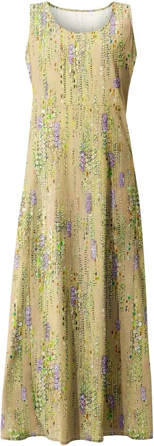 FlekmanArt Womens Summer Dresses Beach Long Dress Sleeveless Elegant Flowy Dresses Plus Size Loose Dress with Pockets