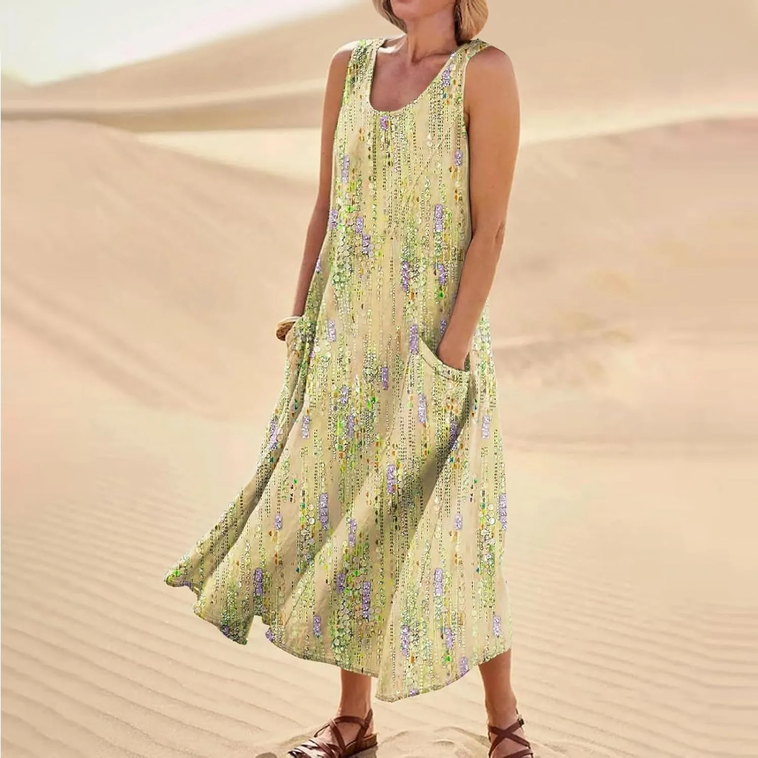 FlekmanArt Womens Summer Dresses Beach Long Dress Sleeveless Elegant Flowy Dresses Plus Size Loose Dress with Pockets
