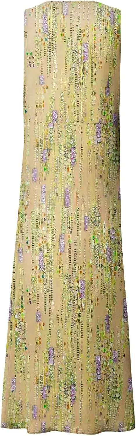FlekmanArt Womens Summer Dresses Beach Long Dress Sleeveless Elegant Flowy Dresses Plus Size Loose Dress with Pockets