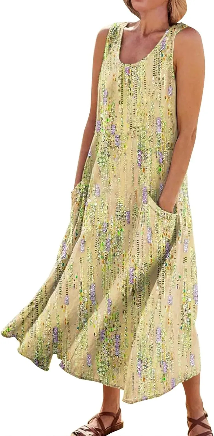 FlekmanArt Womens Summer Dresses Beach Long Dress Sleeveless Elegant Flowy Dresses Plus Size Loose Dress with Pockets