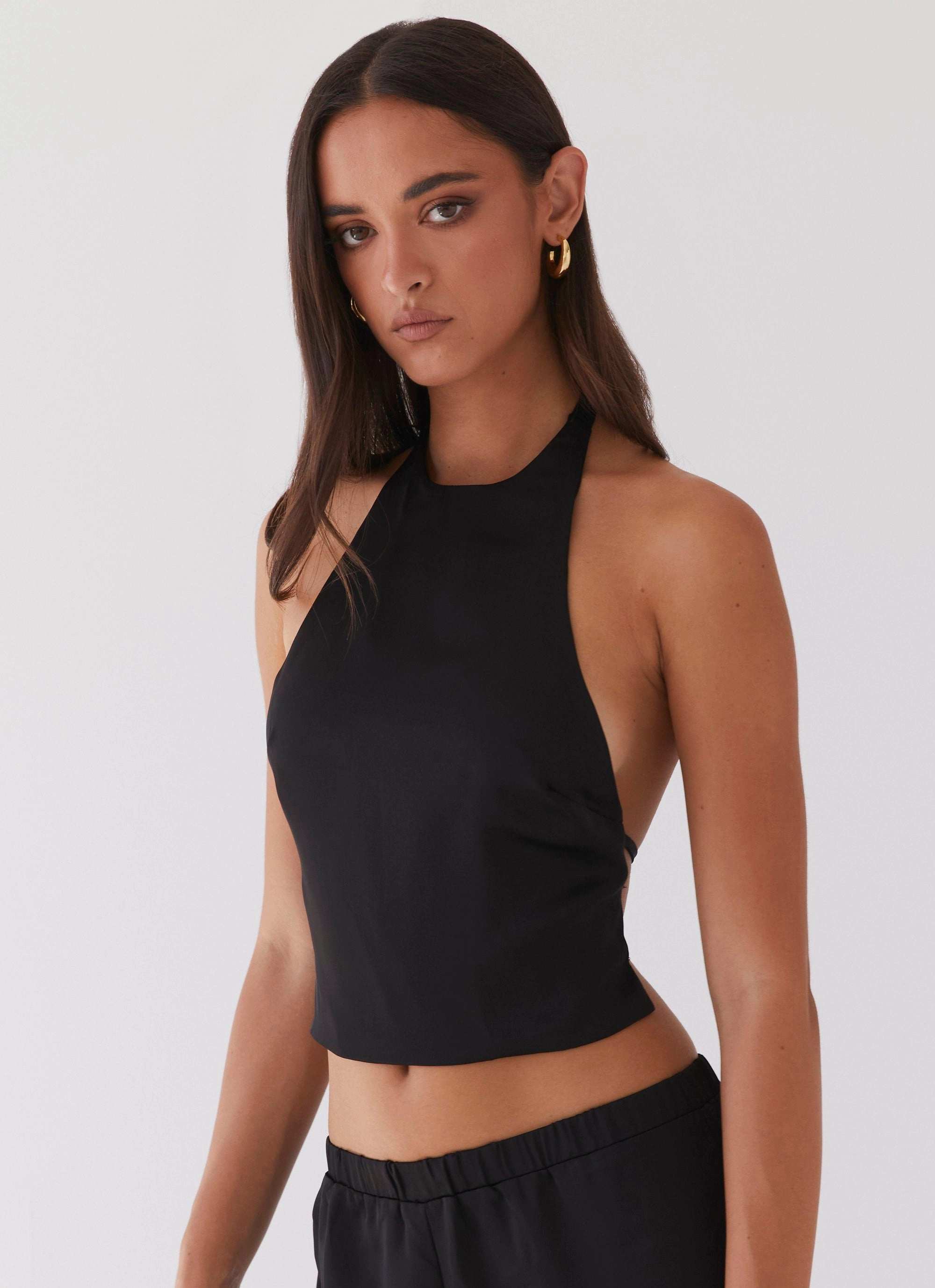 Bree Satin Halterneck Top - Black YarnDyedFabric Resilient Fabric Blend