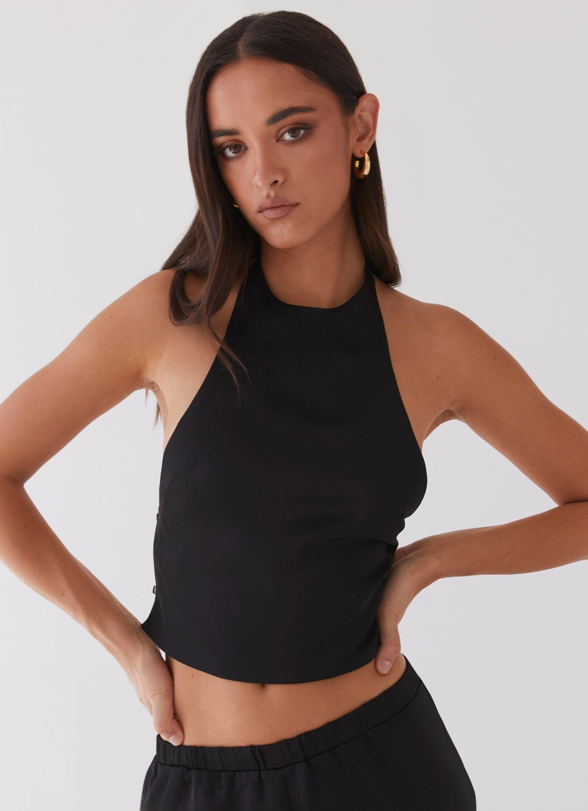 Bree Satin Halterneck Top - Black ReinforcedEdges