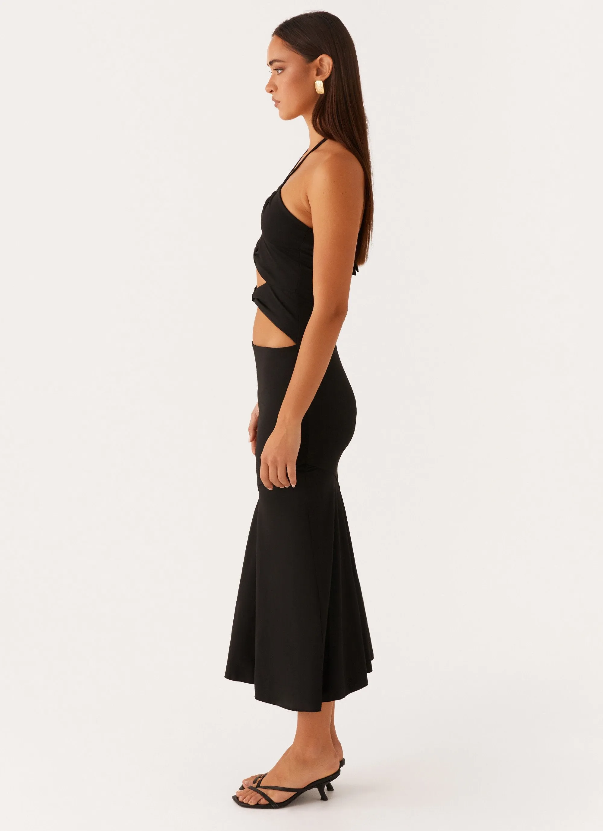 Zena Halterneck Midi Dress - Black Zip Front
