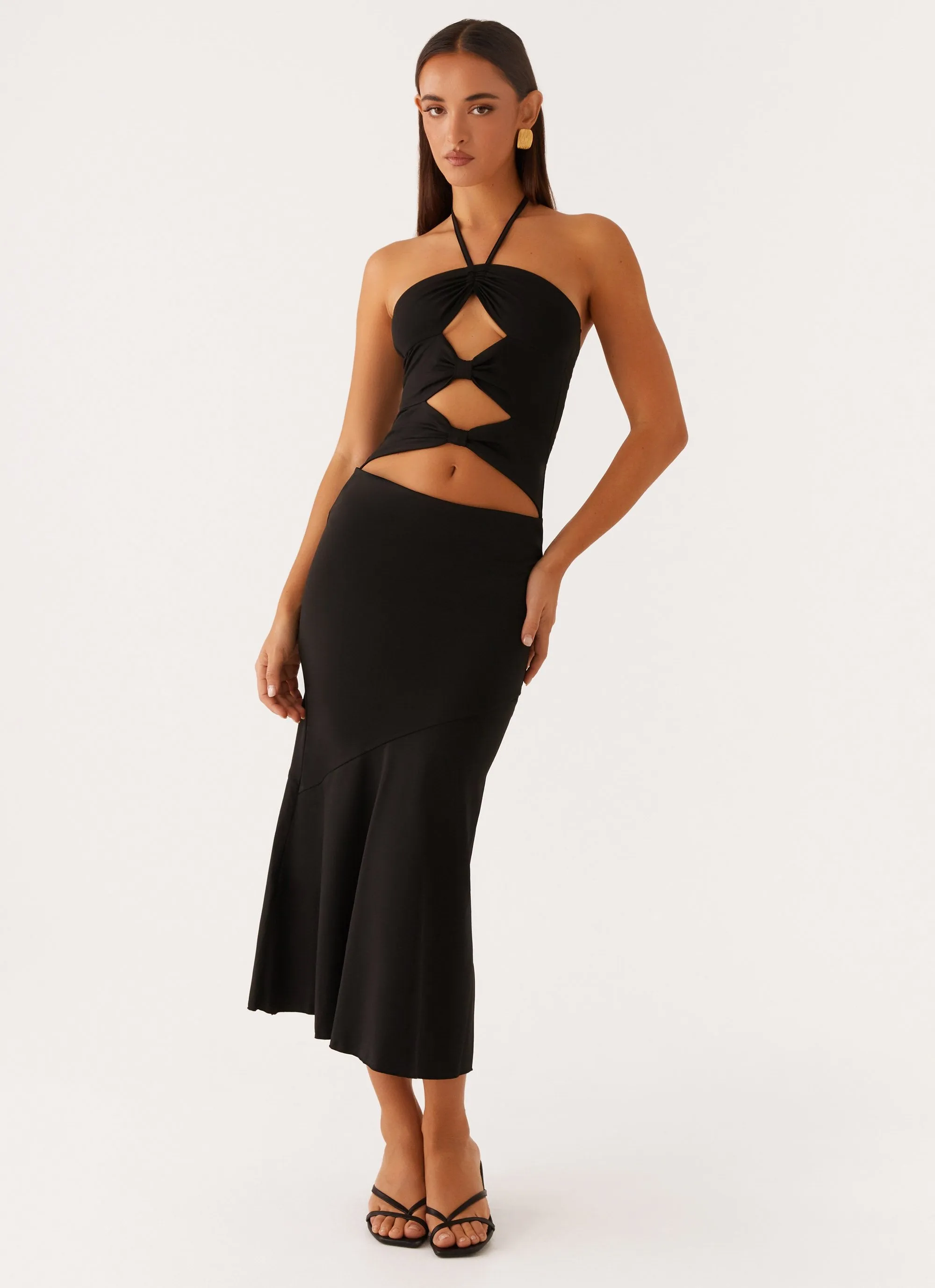 Zena Halterneck Midi Dress - Black Ribbed Trim