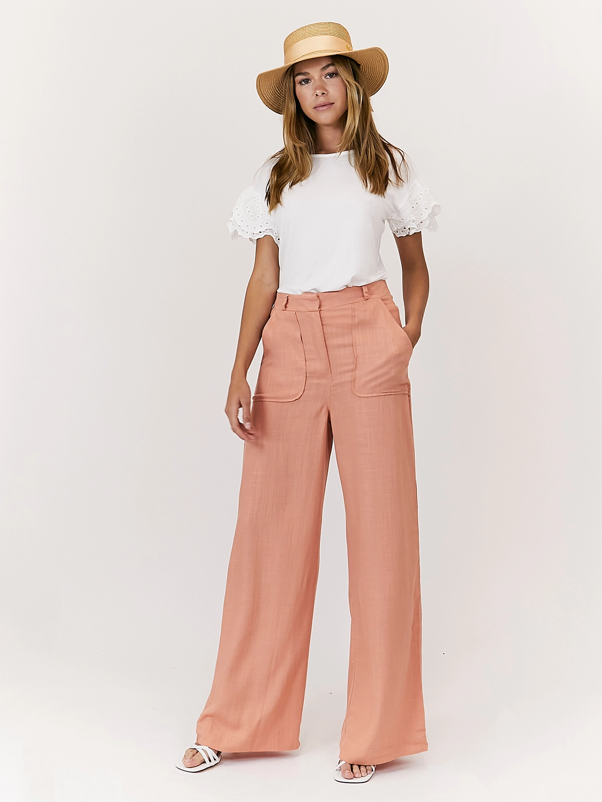 Outdoor Fit Utility Fit Nikki Peach High Waist Linen Blend Wide Leg Trousers
