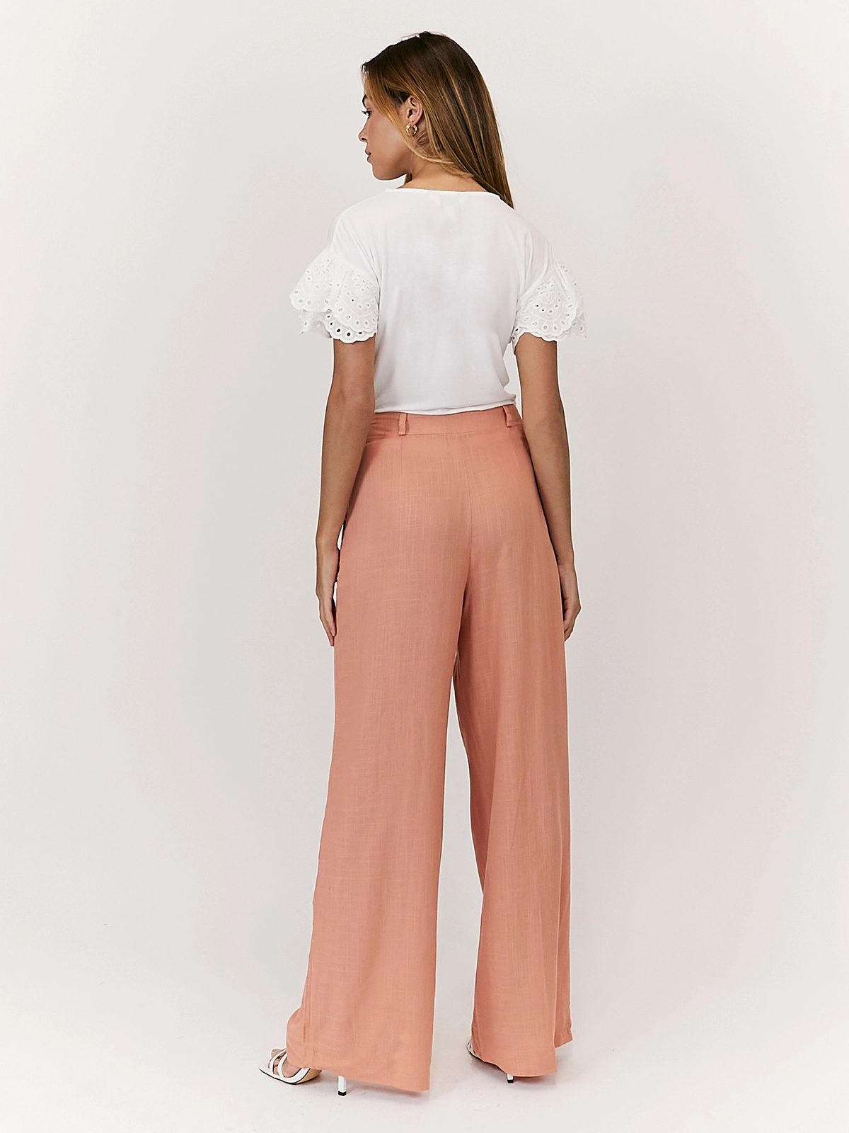 Nikki Peach High Waist Linen Blend Wide Leg Trousers HeatRegulating No Wrinkle