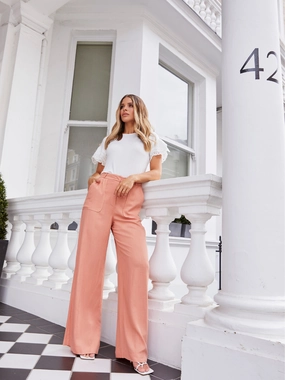 Flexible Style Nikki Peach High Waist Linen Blend Wide Leg Trousers Flexible Comfort Nikki Peach High Waist Linen Blend Wide Leg Trousers