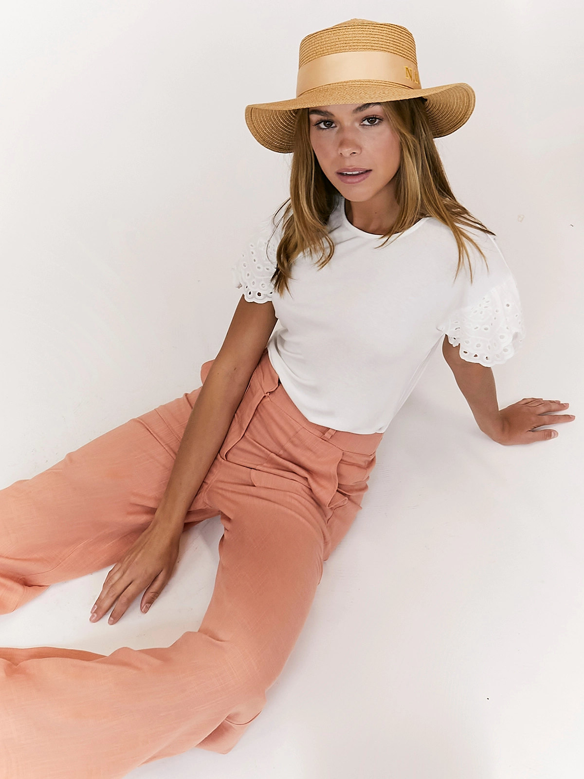 Nikki Peach High Waist Linen Blend Wide Leg Trousers Soft Waistband
