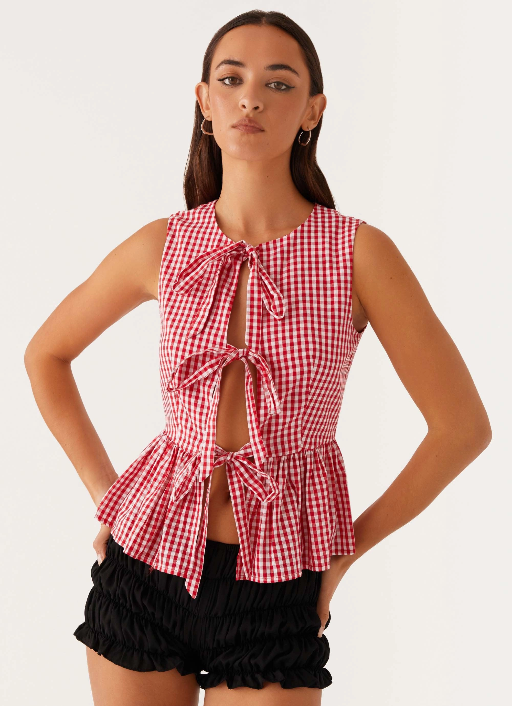 Cyrene Tie Top - Red Gingham Winter Fashion