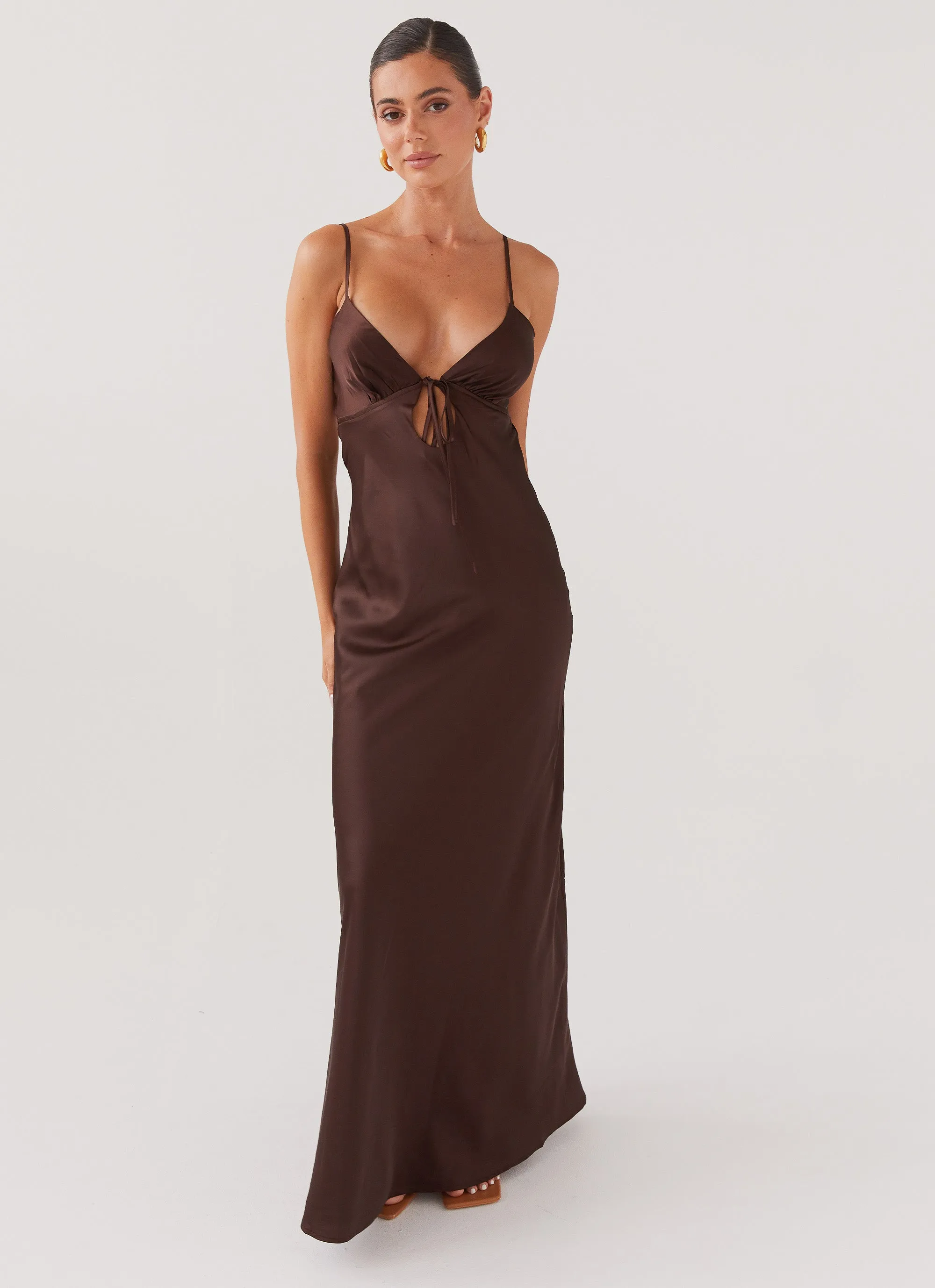 Seamless Shoulder Construction Holiday Style Flora Satin Maxi Dress - Chocolate