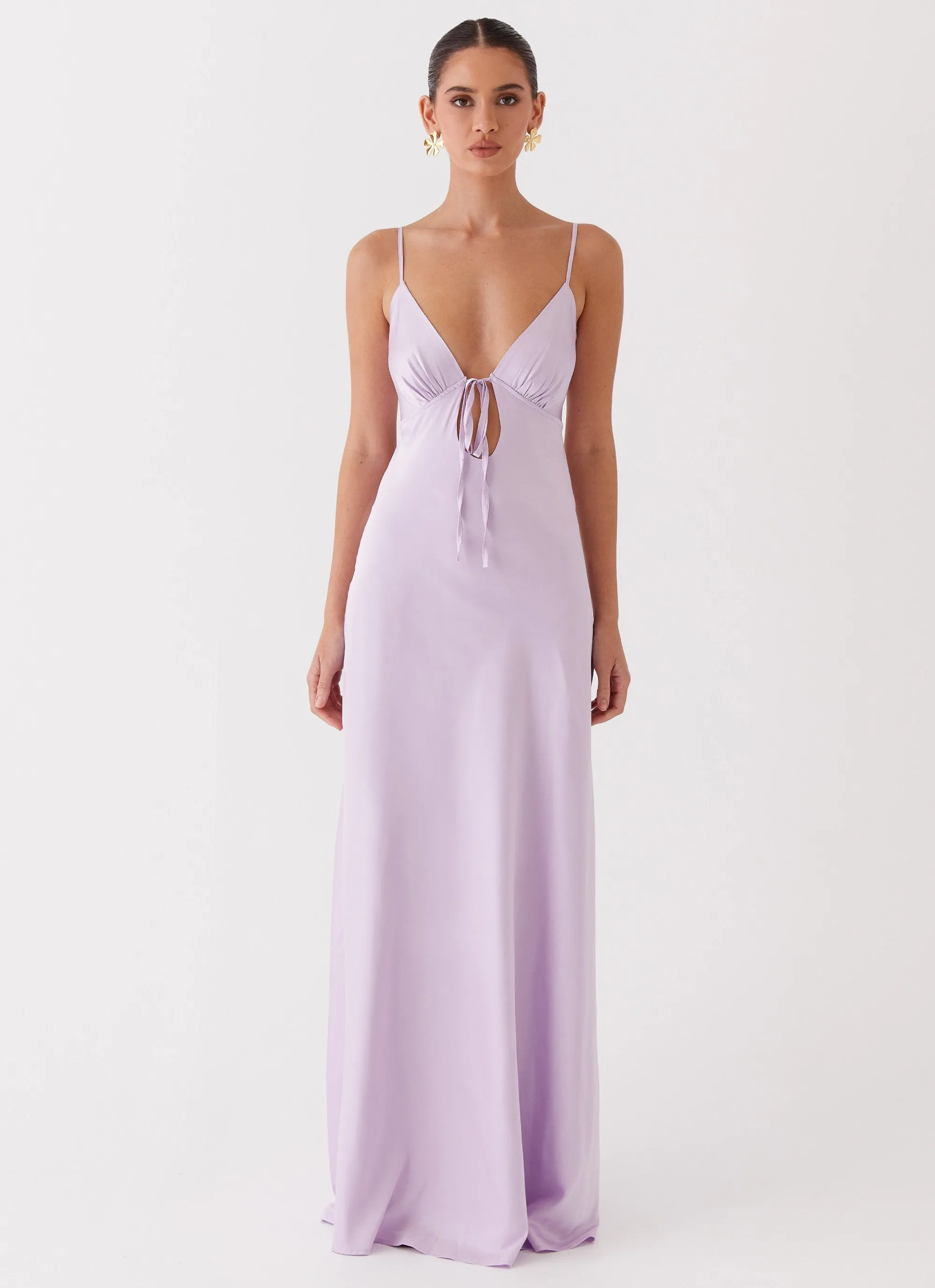 Stretch Fit Technology Reinforced Side Vents Flora Satin Maxi Dress - Lilac