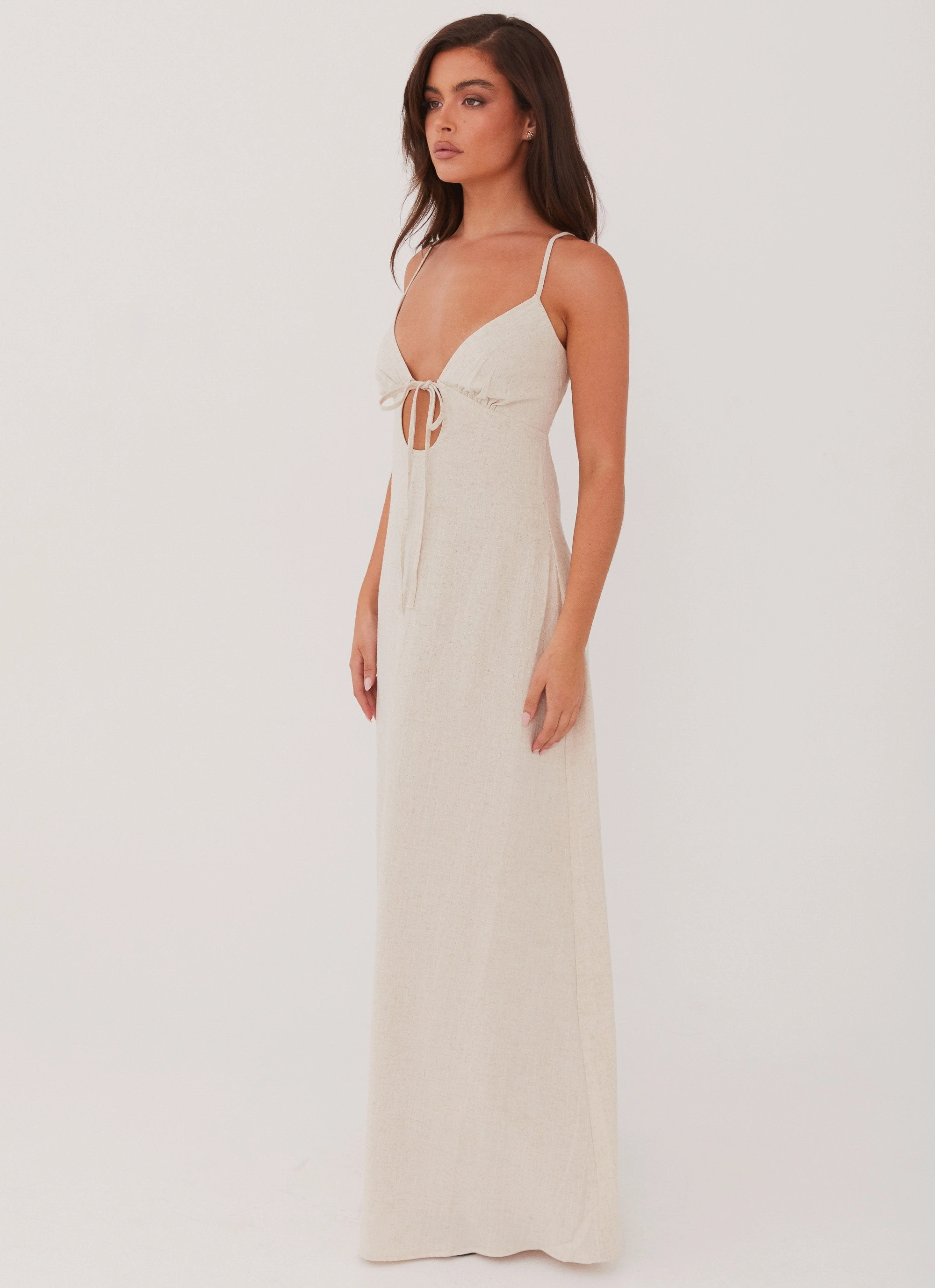 Sophisticated Waistband Fit Flora Linen Maxi Dress - Oatmeal