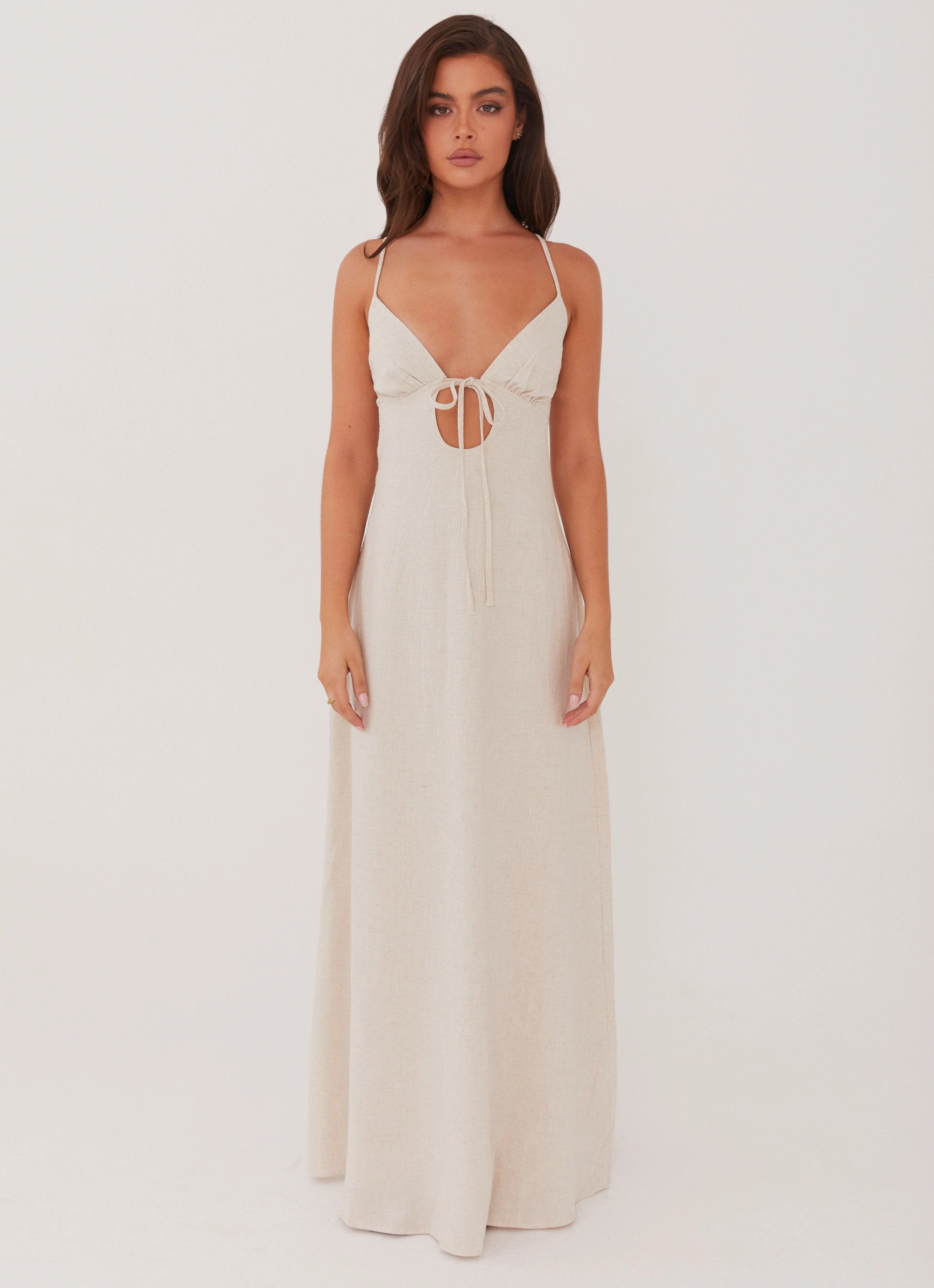 Sleeveless Cut Pleat Breeze Flora Linen Maxi Dress - Oatmeal