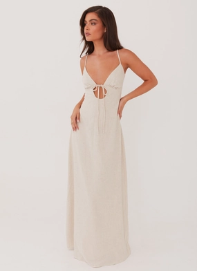 Flora Linen Maxi Dress - Oatmeal Contemporary Waist Subtle Edge