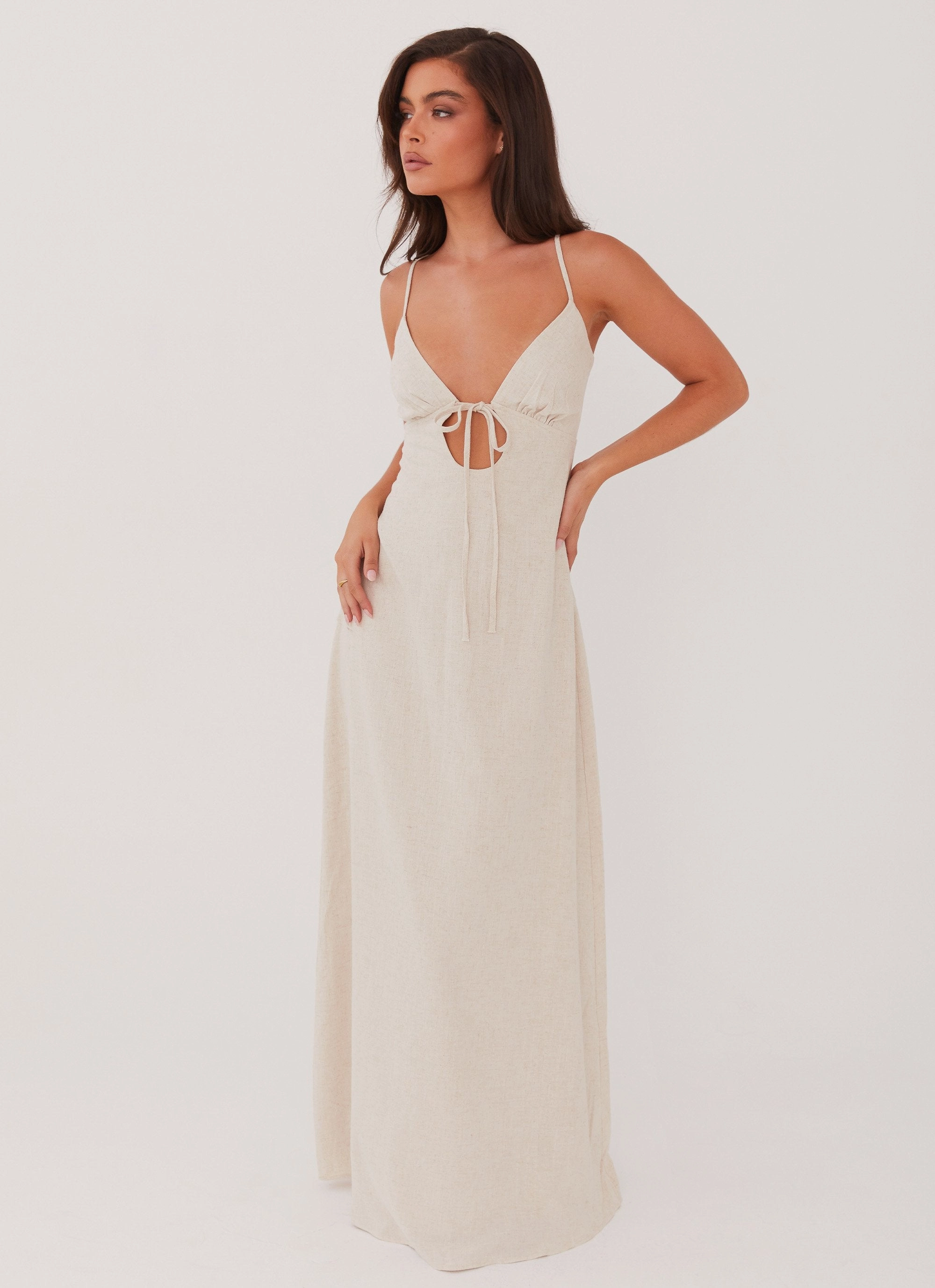 Flora Linen Maxi Dress - Oatmeal Contemporary Waist Subtle Edge