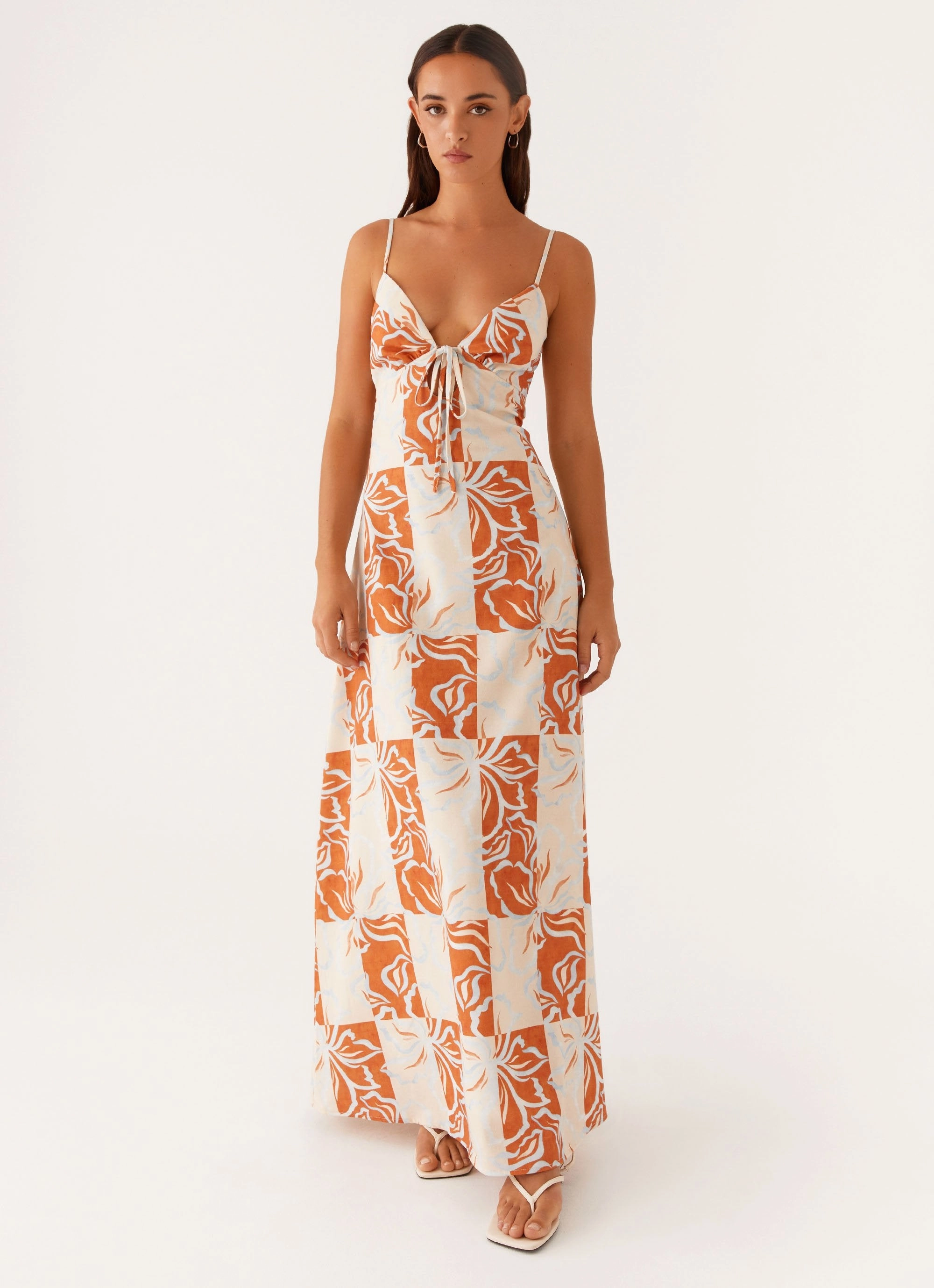 Casual Feel Feminine Energy Flora Linen Maxi Dress - Orange Blue Floral