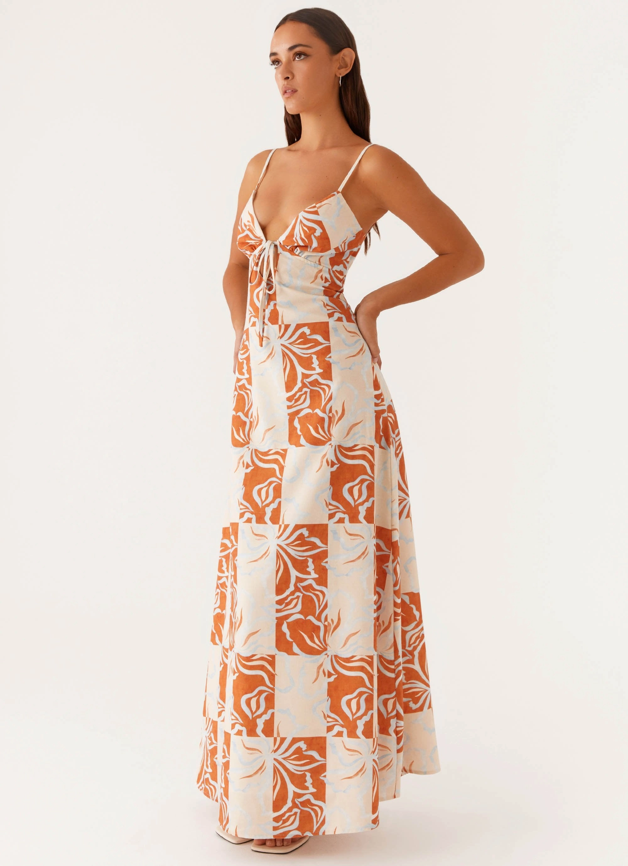Flora Linen Maxi Dress - Orange Blue Floral Clean Tone Timeless elegance