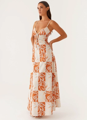 Flora Linen Maxi Dress - Orange Blue Floral Clean Tone Timeless elegance
