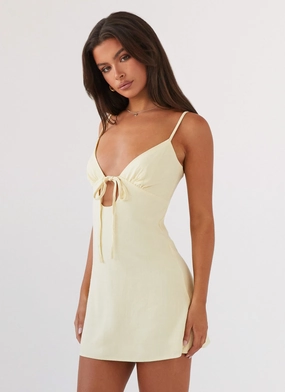 Flora Linen Mini Dress - Lemon Padded Shoulders Wedding Style Trendy Tailoring Flora Linen Mini Dress - Lemon