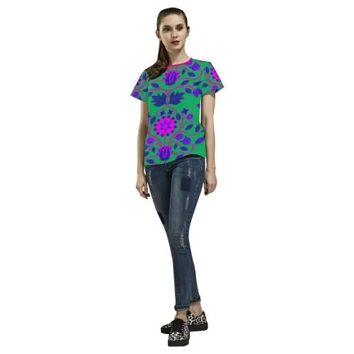 Floral Beadwork Four Clans Deep Lake T-shirt for Women/Large Size (USA Size) (