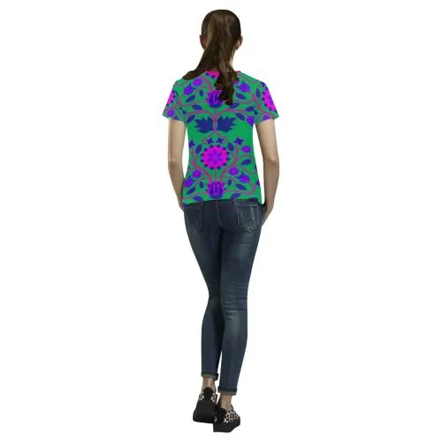Floral Beadwork Four Clans Deep Lake T-shirt for Women/Large Size (USA Size) (