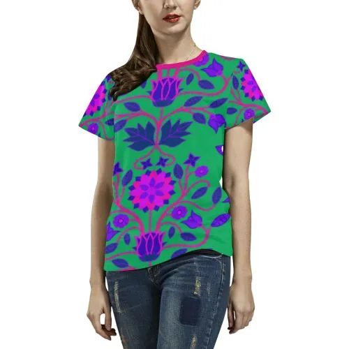 Floral Beadwork Four Clans Deep Lake T-shirt for Women/Large Size (USA Size) (