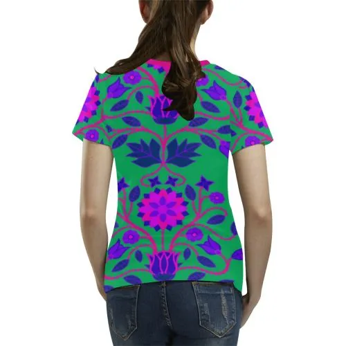 Floral Beadwork Four Clans Deep Lake T-shirt for Women/Large Size (USA Size) (