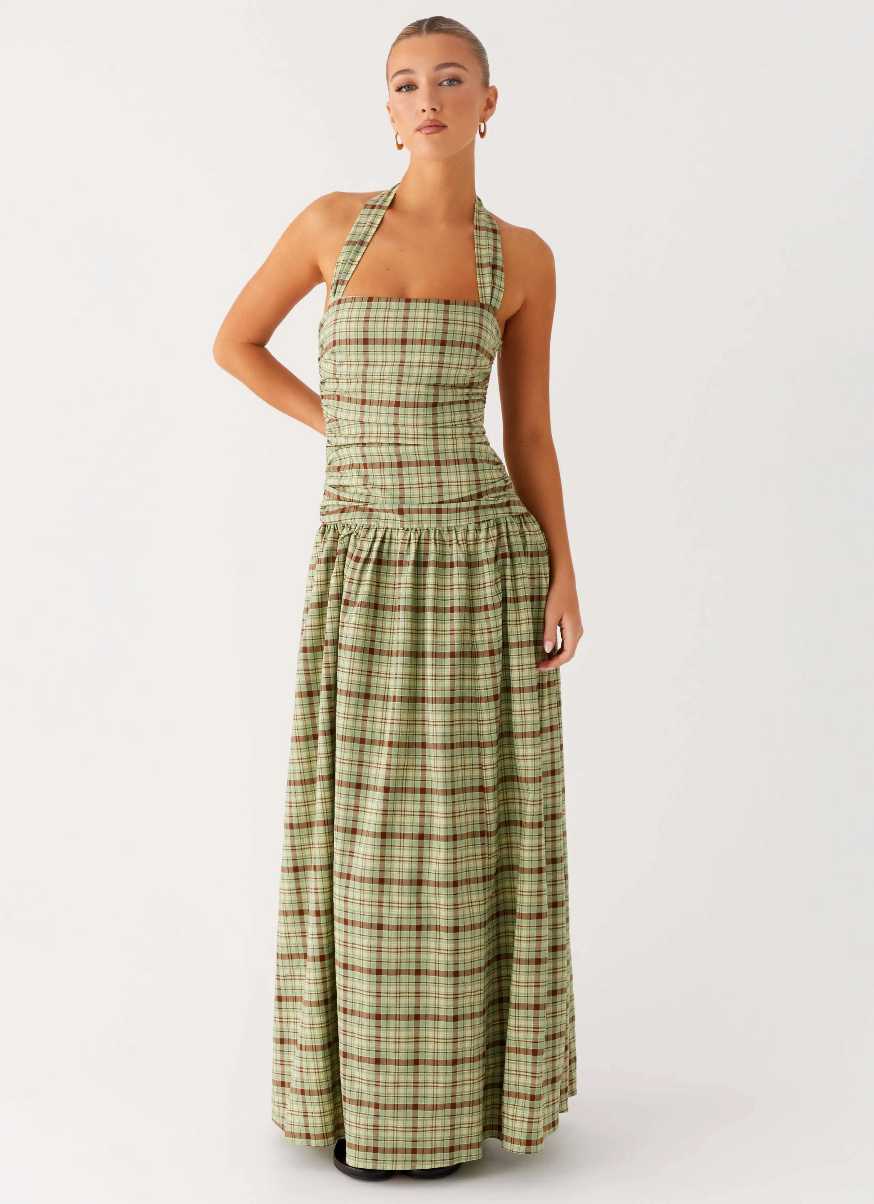 Lilith Maxi Dress - Forest Plaid Vibrant Colors Sleek Silhouette