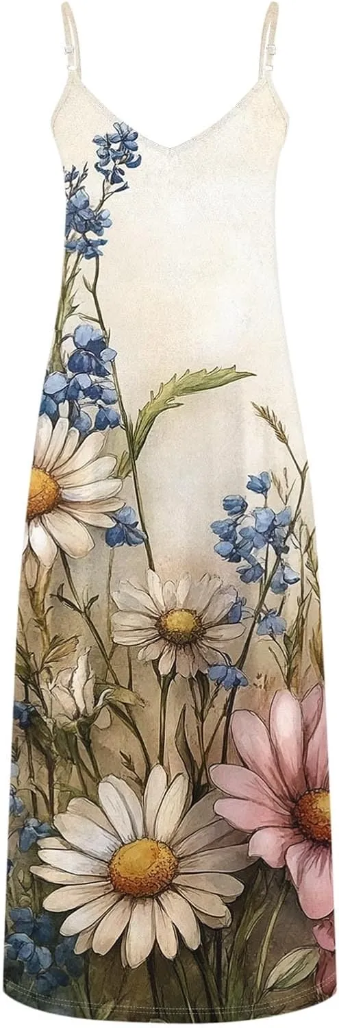 Floral Dress for Women Sexy Sleeveless Spaghetti Strap Boho Sundress Ruched Empire Waist V-Neck Maxi Dresses