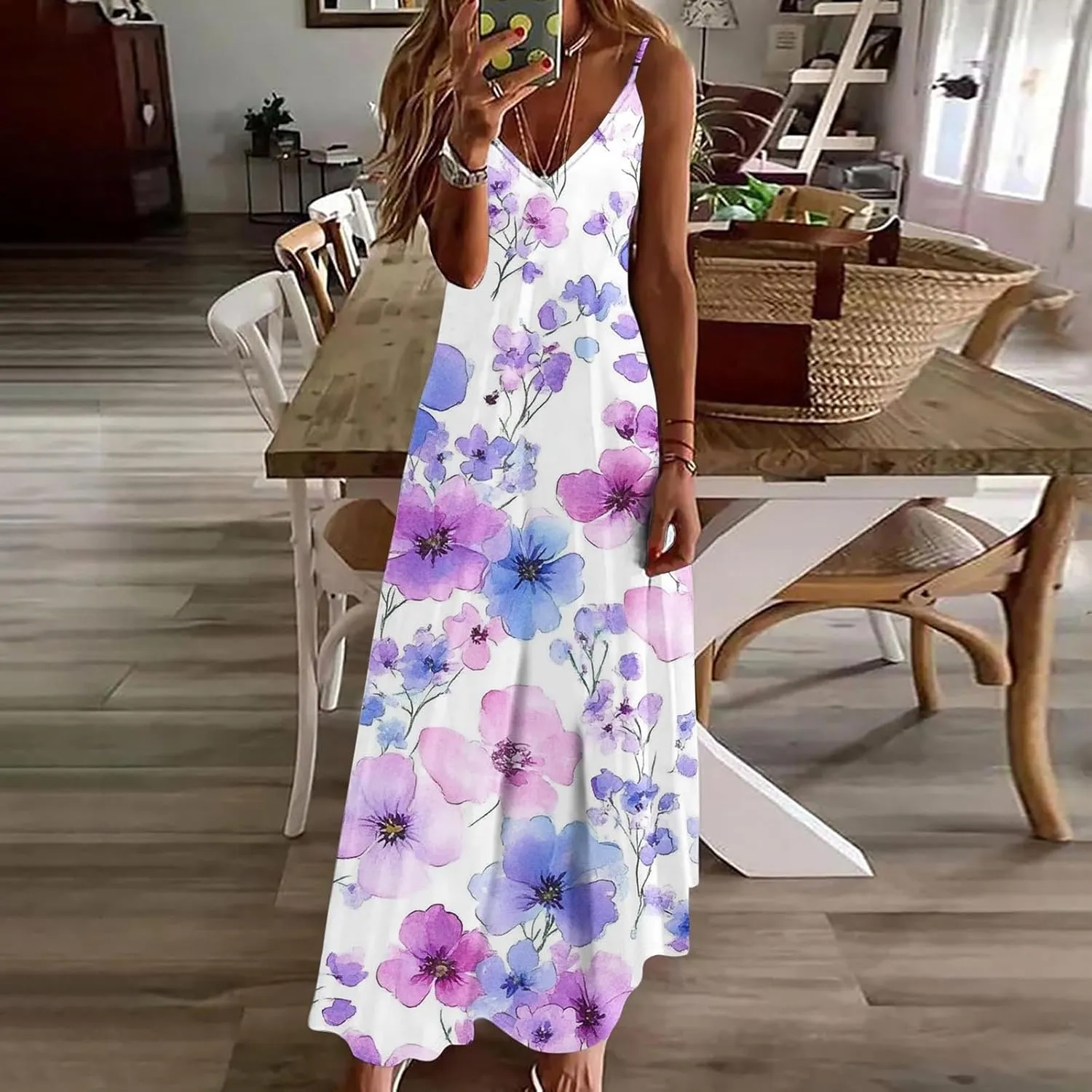 Floral Dress for Women Sexy Sleeveless Spaghetti Strap Boho Sundress Ruched Empire Waist V-Neck Maxi Dresses