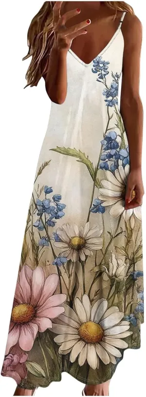 Floral Dress for Women Sexy Sleeveless Spaghetti Strap Boho Sundress Ruched Empire Waist V-Neck Maxi Dresses