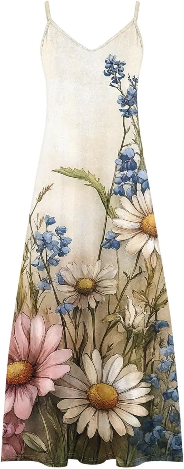 Floral Dress for Women Sexy Sleeveless Spaghetti Strap Boho Sundress Ruched Empire Waist V-Neck Maxi Dresses