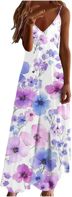 Floral Dress for Women Sexy Sleeveless Spaghetti Strap Boho Sundress Ruched Empire Waist V-Neck Maxi Dresses
