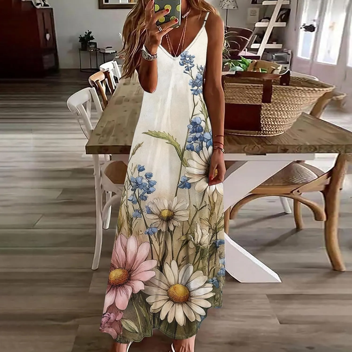Floral Dress for Women Sexy Sleeveless Spaghetti Strap Boho Sundress Ruched Empire Waist V-Neck Maxi Dresses