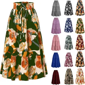 Floral Long Skirts for Women Summer Boho Elastic Waist Tiered Maxi Skirt Flowy A Line African Print Beach Skirt
