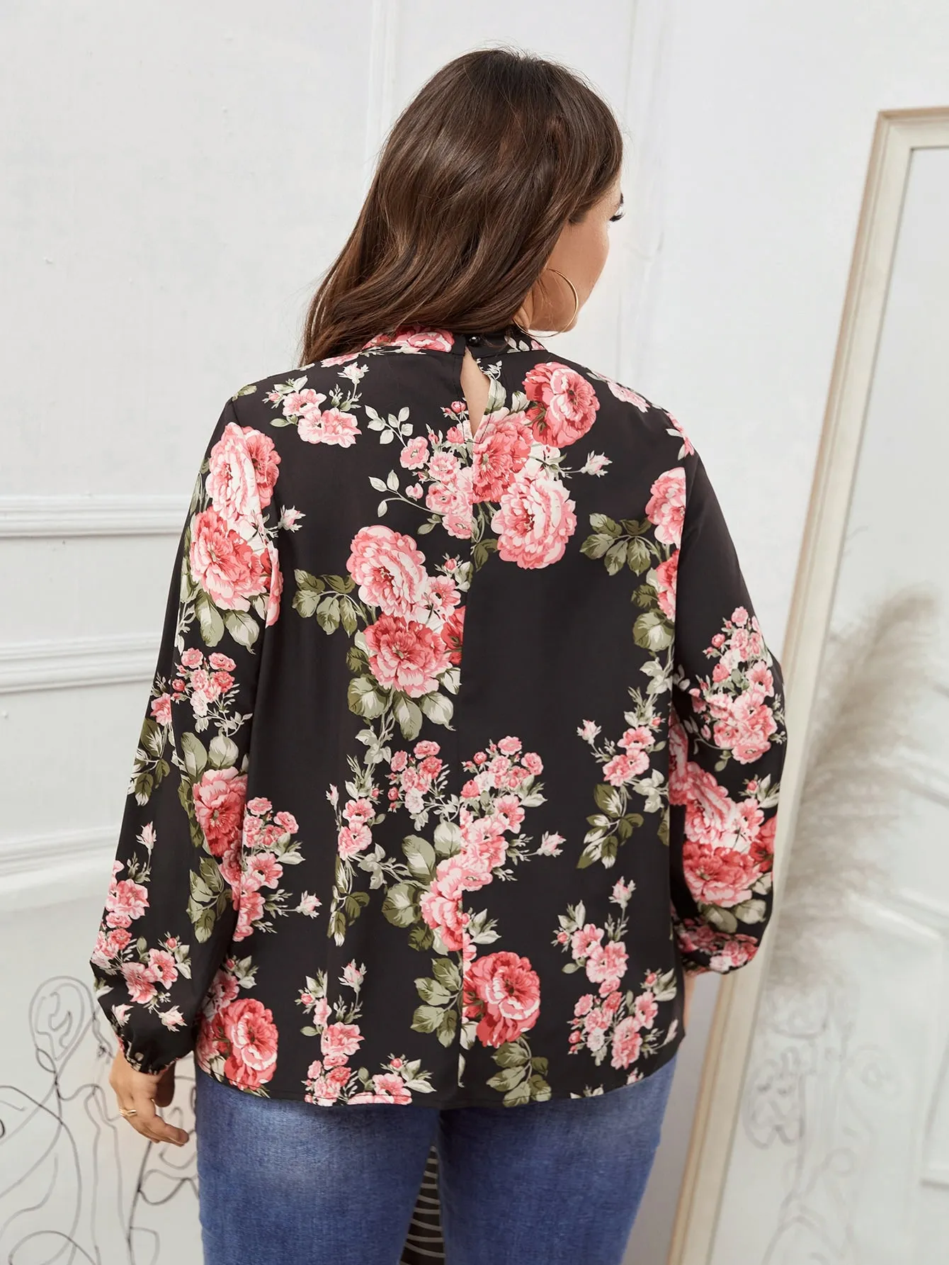 Floral Long Sleeve Stand Collar Regular Plus Size Blouse