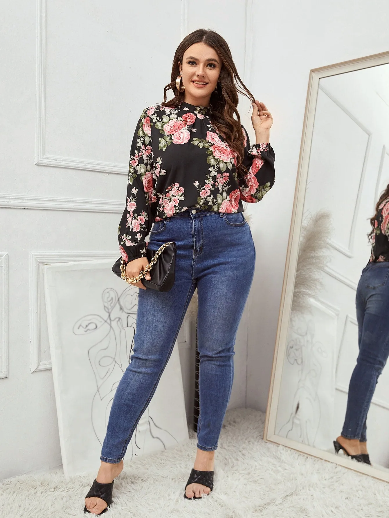 Floral Long Sleeve Stand Collar Regular Plus Size Blouse