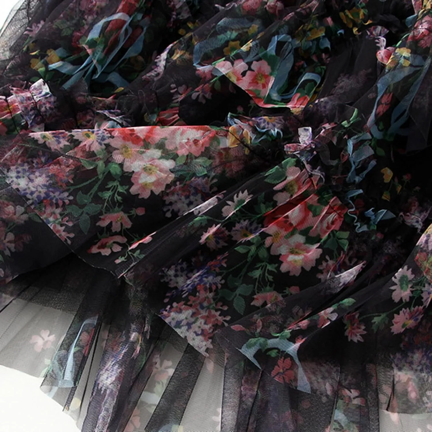 Floral Midi Skirts for Women 2025 Summer High Elastic Waisted Flowy Swing Tiered Mesh Long Skirt