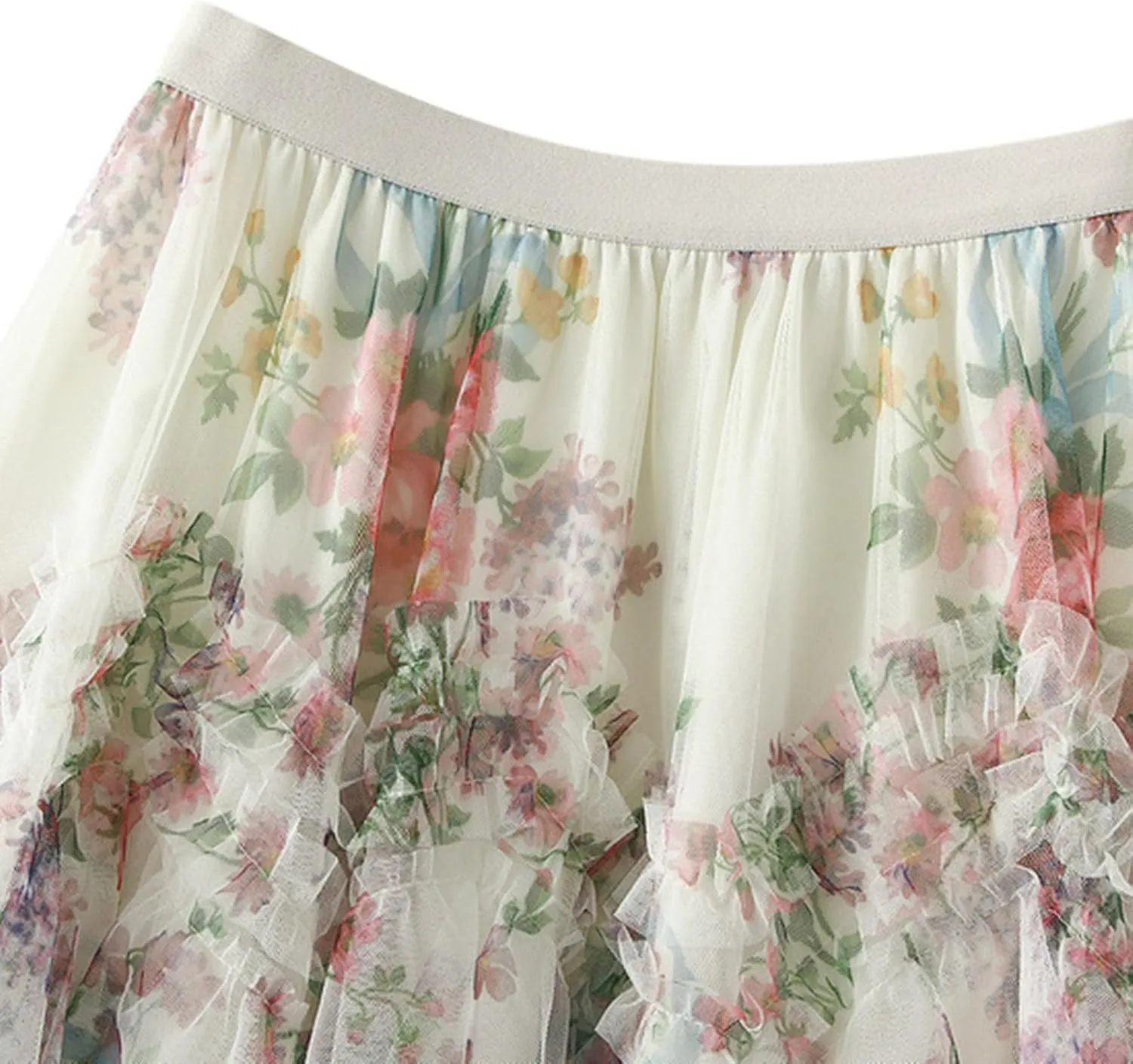 Floral Midi Skirts for Women 2025 Summer High Elastic Waisted Flowy Swing Tiered Mesh Long Skirt