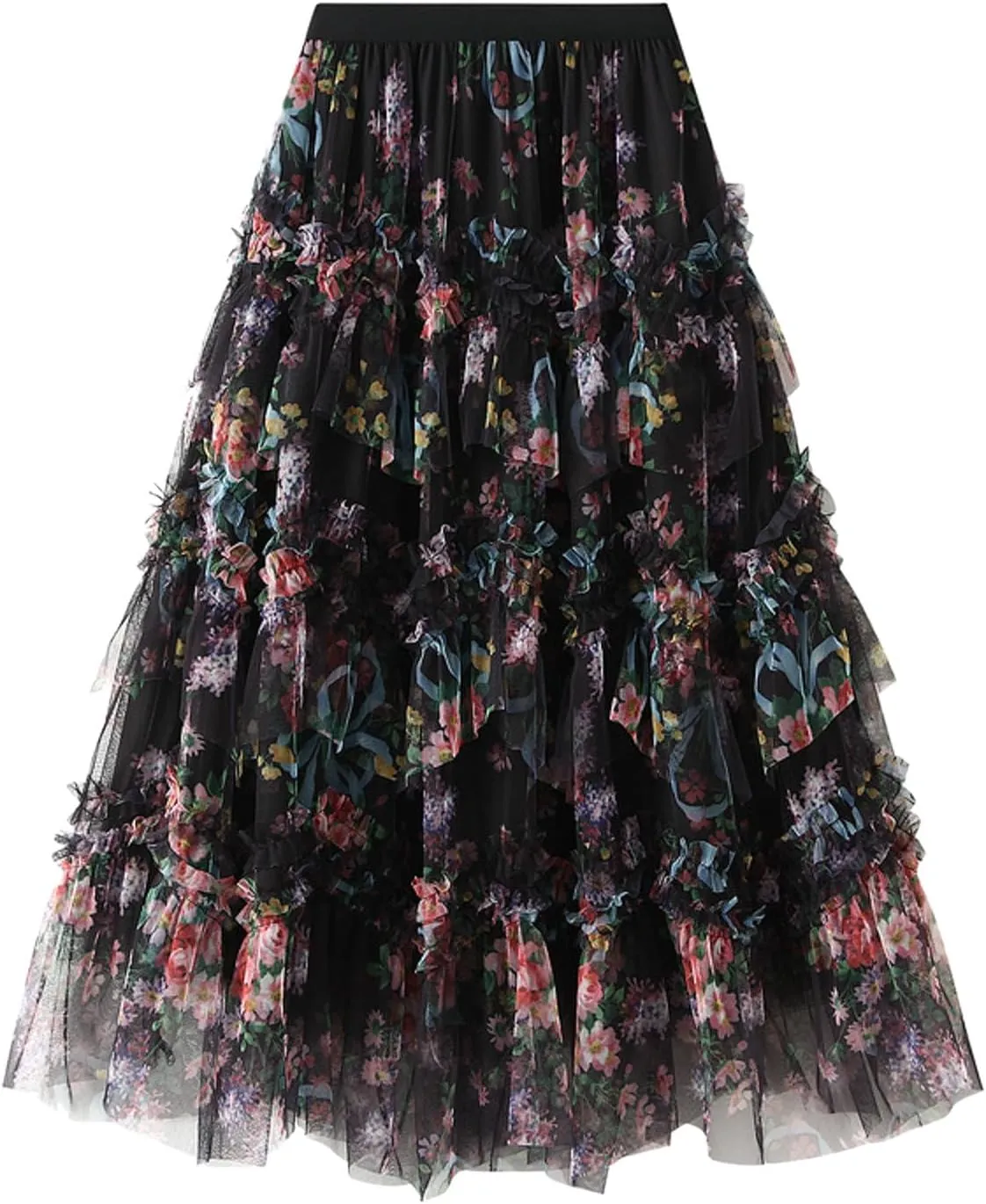 Floral Midi Skirts for Women 2025 Summer High Elastic Waisted Flowy Swing Tiered Mesh Long Skirt