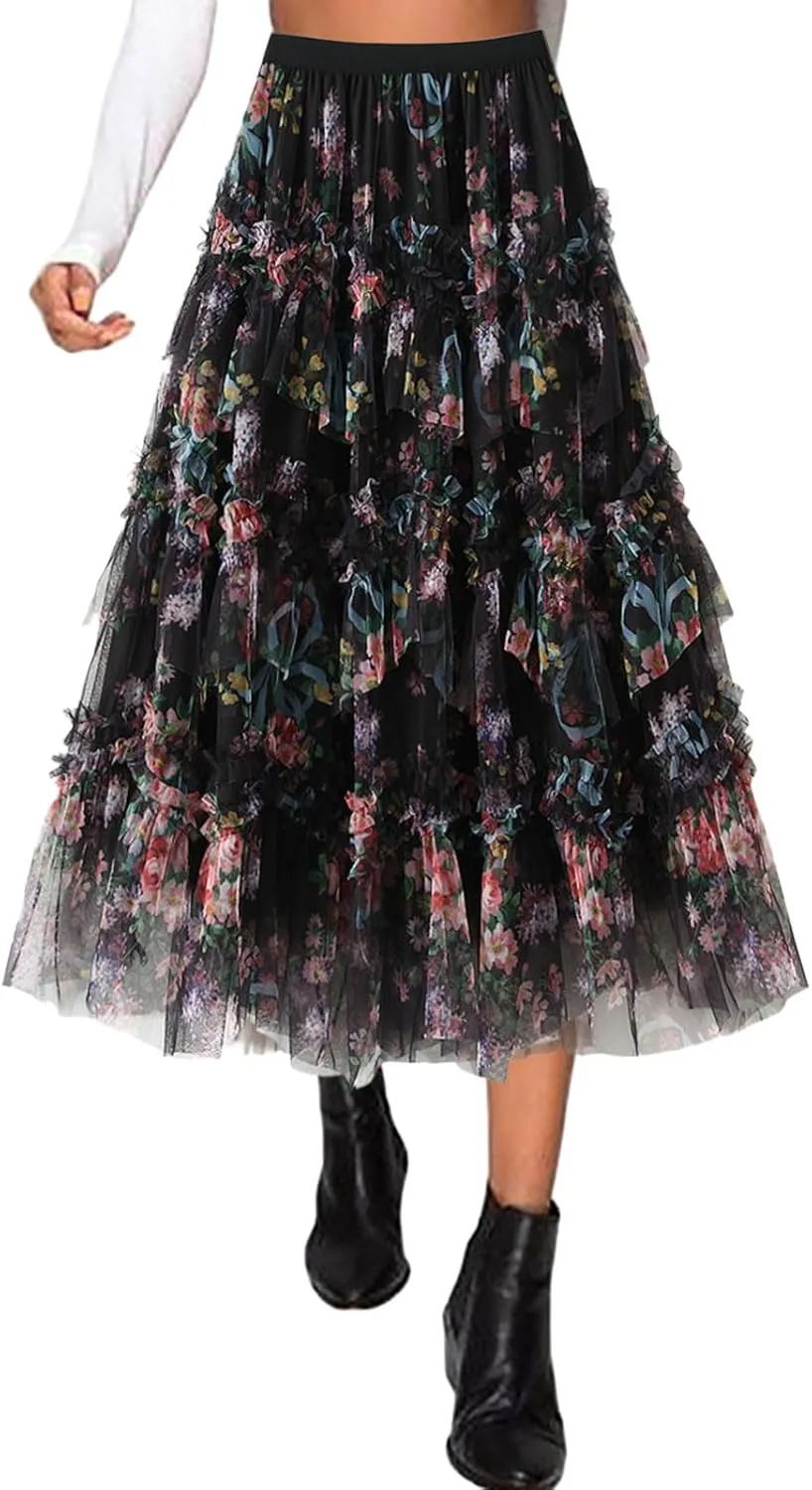 Floral Midi Skirts for Women 2025 Summer High Elastic Waisted Flowy Swing Tiered Mesh Long Skirt