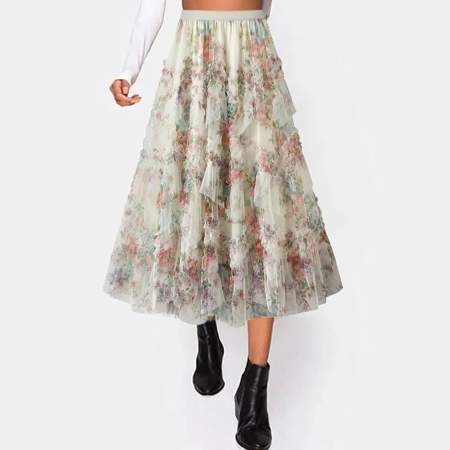 Floral Midi Skirts for Women 2025 Summer High Elastic Waisted Flowy Swing Tiered Mesh Long Skirt
