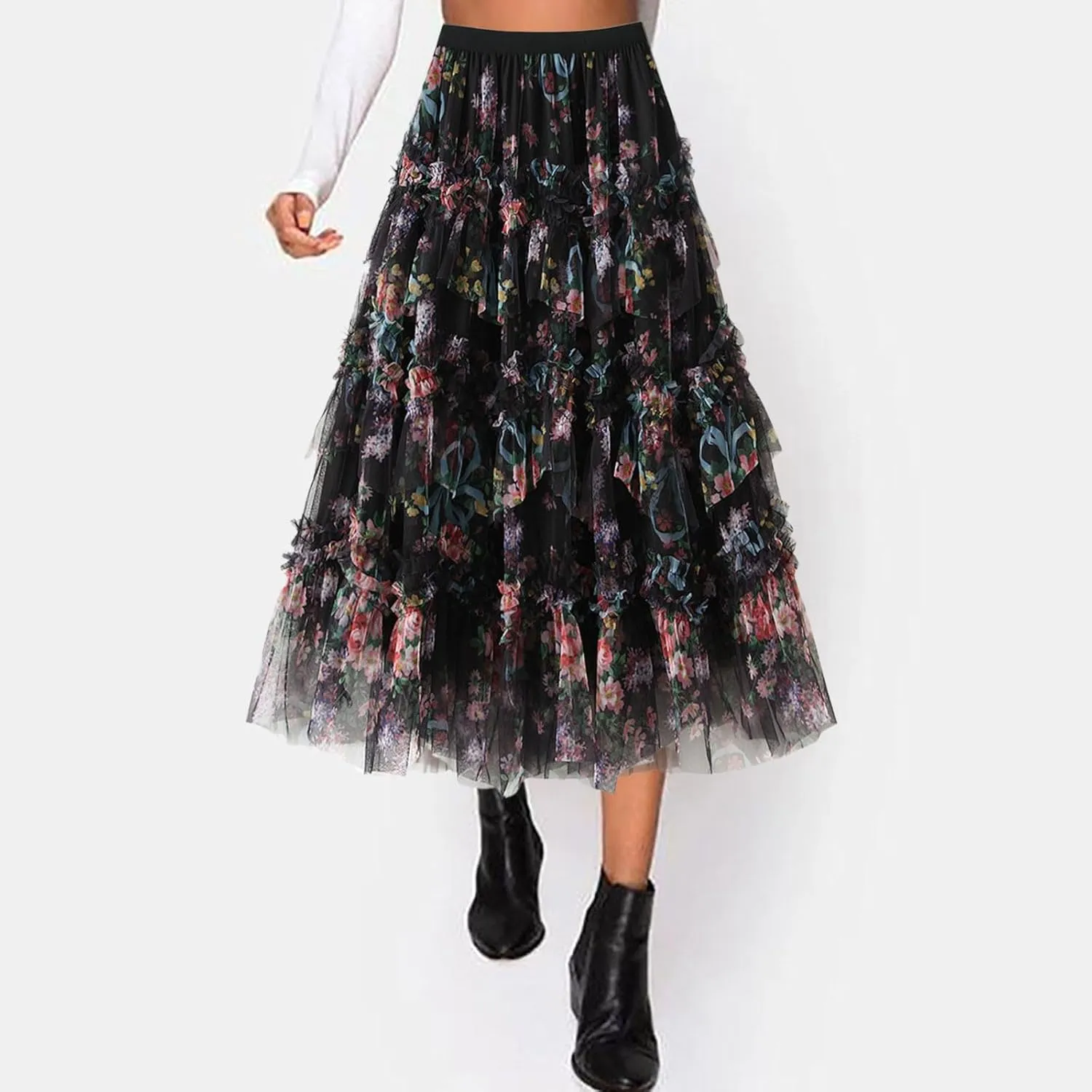 Floral Midi Skirts for Women 2025 Summer High Elastic Waisted Flowy Swing Tiered Mesh Long Skirt