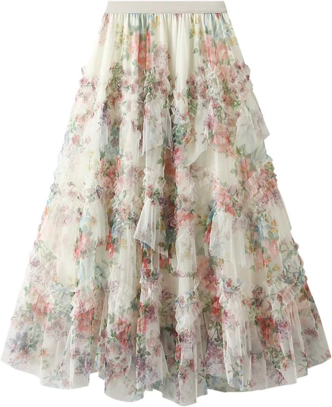 Floral Midi Skirts for Women 2025 Summer High Elastic Waisted Flowy Swing Tiered Mesh Long Skirt