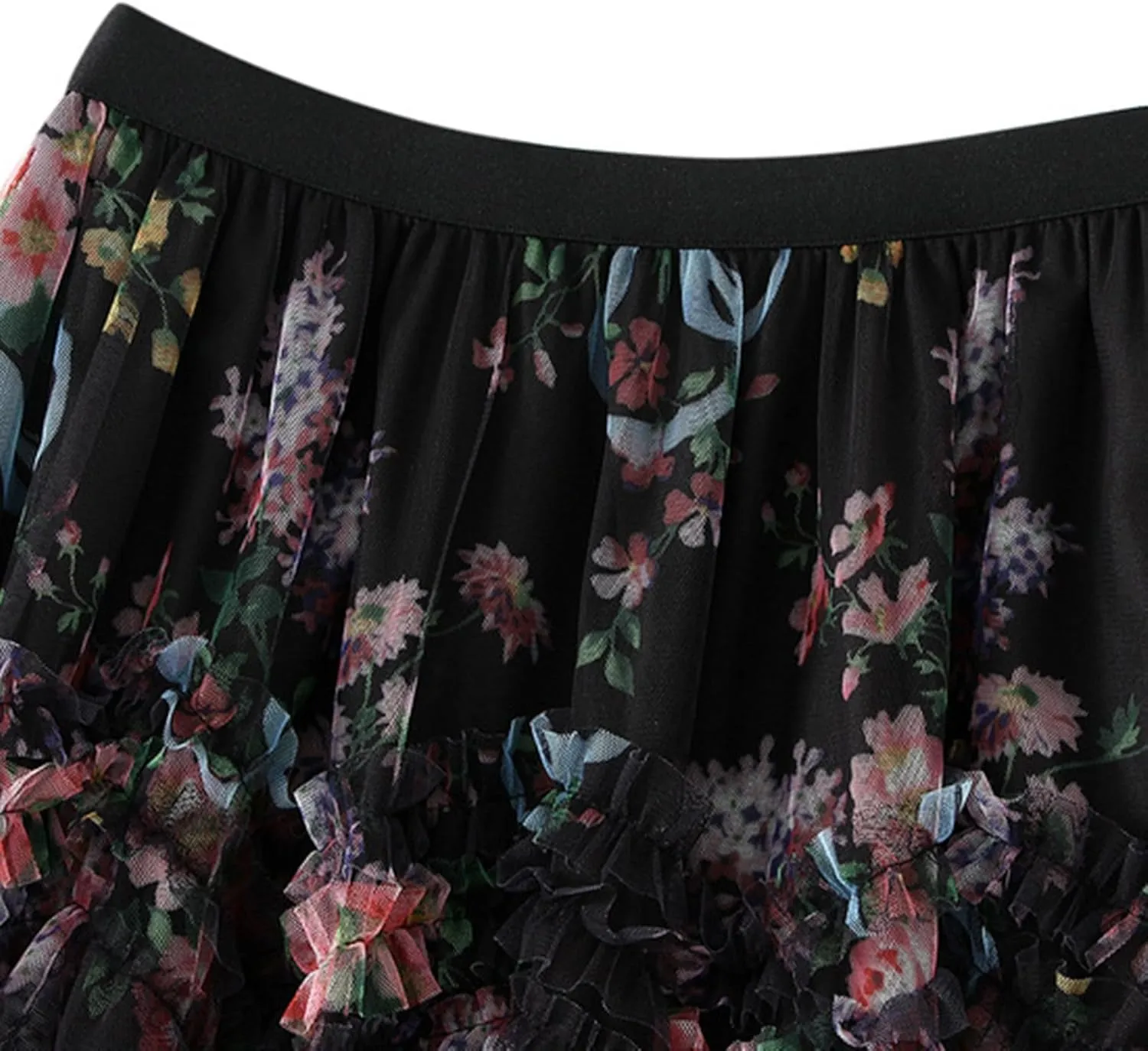 Floral Midi Skirts for Women 2025 Summer High Elastic Waisted Flowy Swing Tiered Mesh Long Skirt
