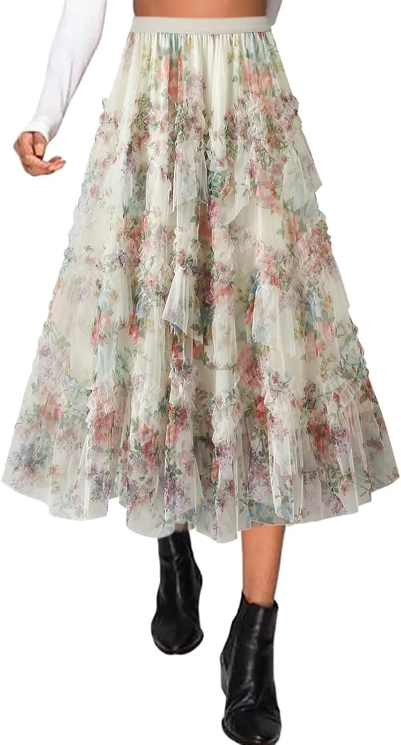Floral Midi Skirts for Women 2025 Summer High Elastic Waisted Flowy Swing Tiered Mesh Long Skirt