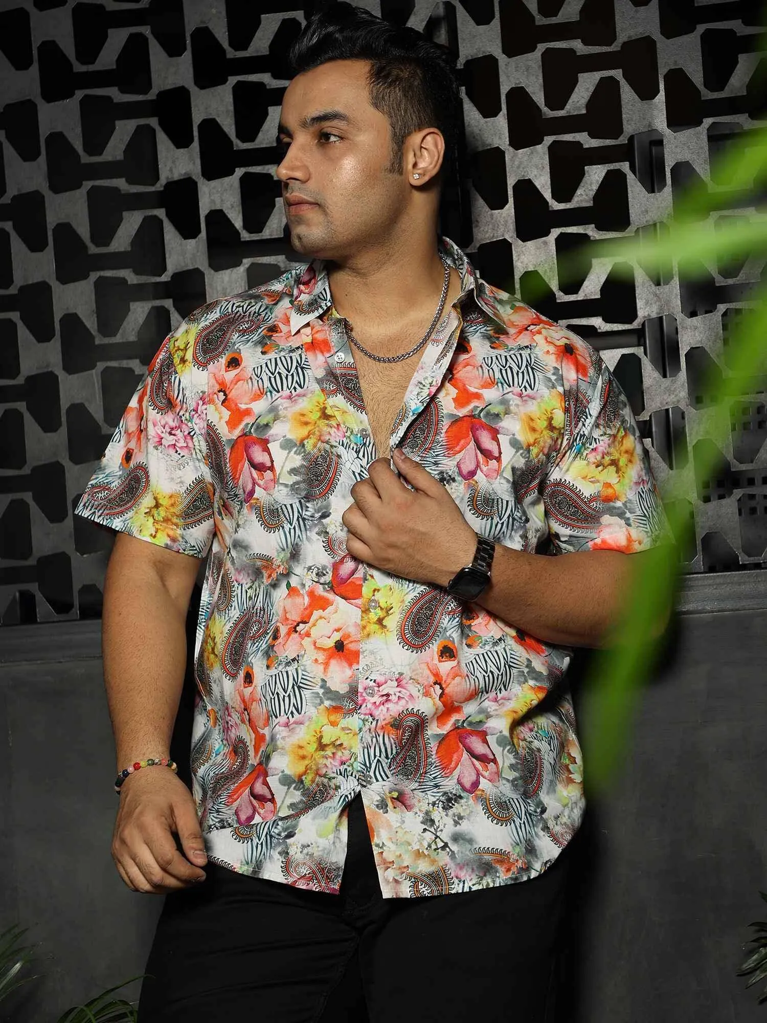 Floral Oriental Party Wear Half Shirt Men's Plus Size