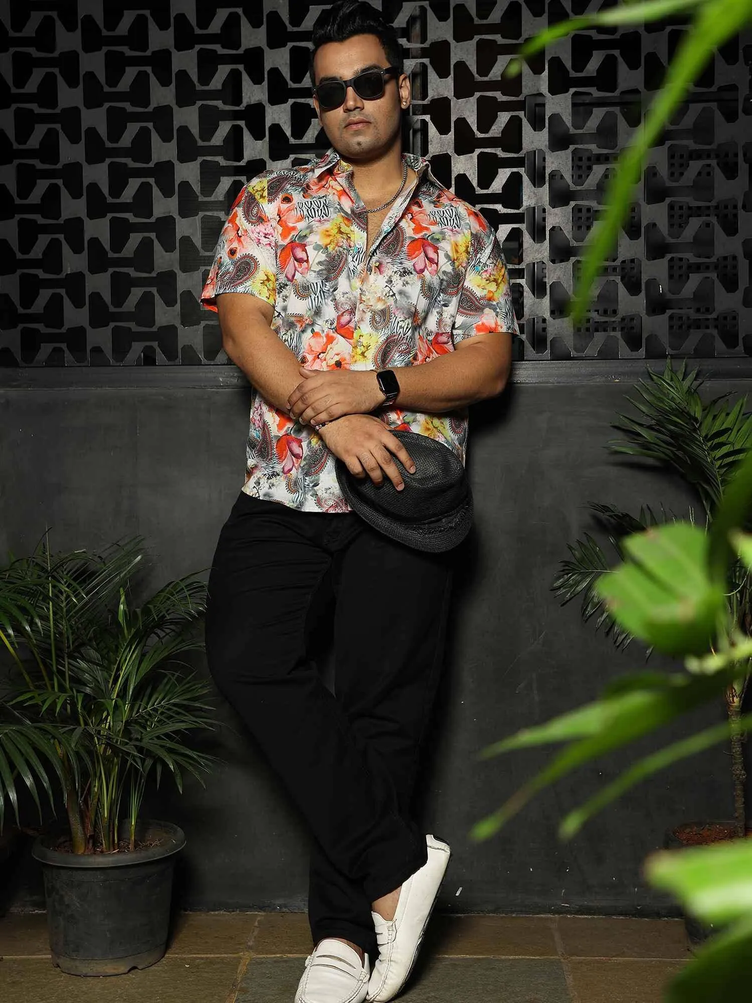 Floral Oriental Party Wear Half Shirt Men's Plus Size