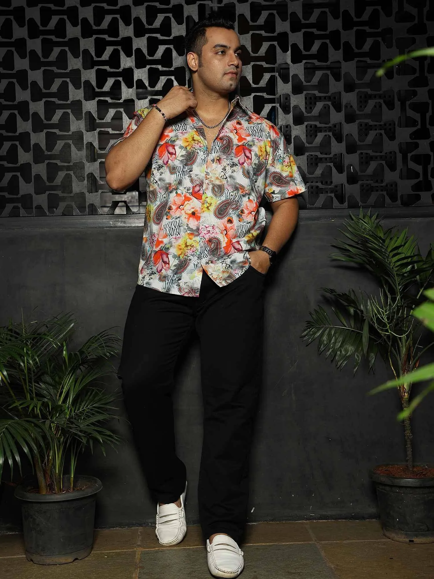Floral Oriental Party Wear Half Shirt Men's Plus Size