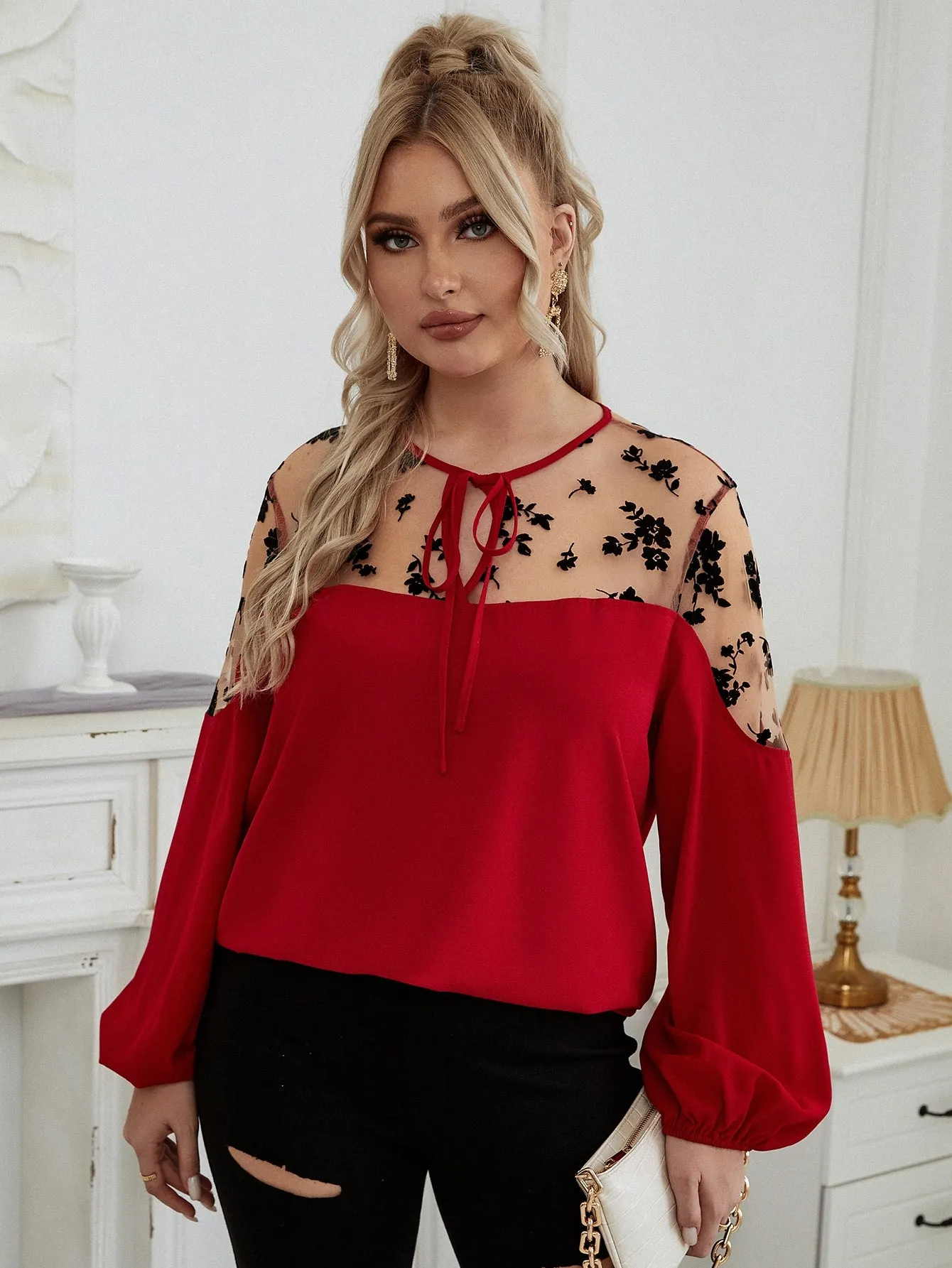 Floral Tie Front Long Sleeve Round Neck Regular Plus Size Blouse